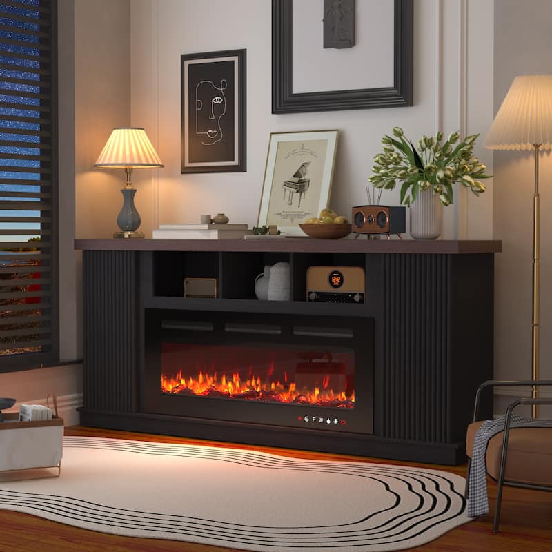 70" TV Stand for TVs up to 85" with Electric Fireplace, Vintage Double Door Cabinet, Dark Walnut, for Living Room & Bedroom