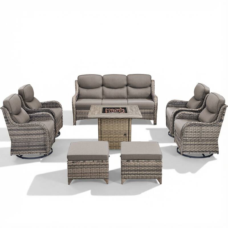 Pocassy Outdoor Propane Fire Table w/ Sofa Swivel Chair Ottoman Funiture Set.