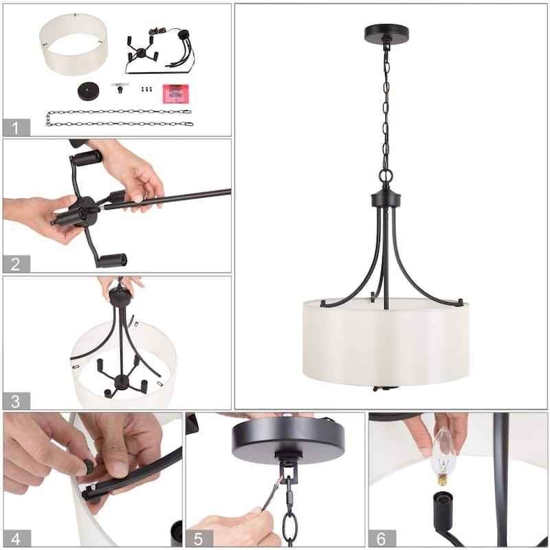 Modern Farmhouse Drum 4-Light Transitional Chandelier with Fabric for Dining room - 16'' L x 16'' W x 21.5'' H