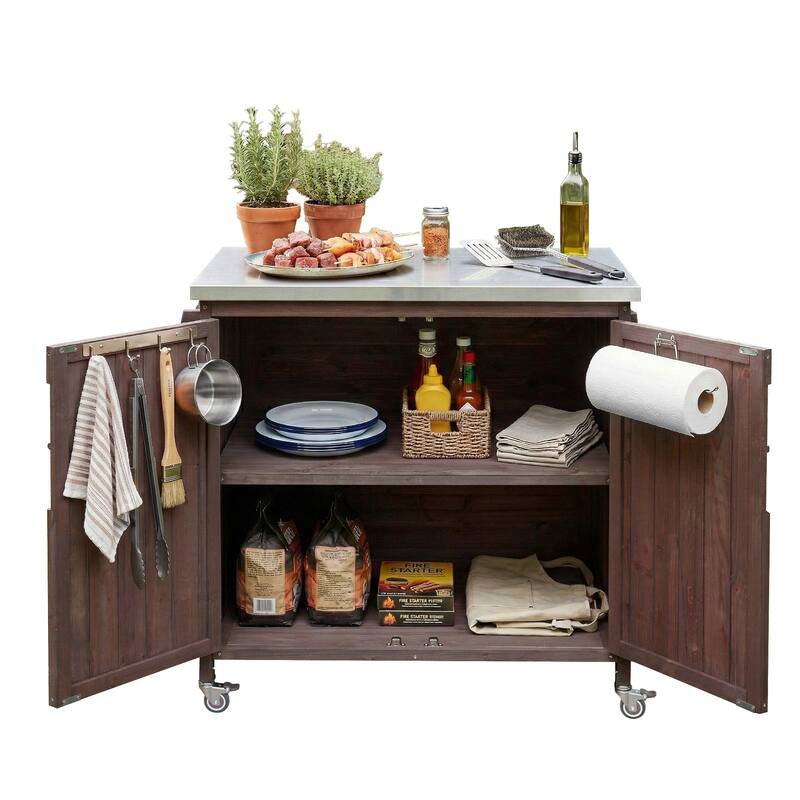 42.1" Outdoor Kitchen Island with Side Shelf, with Storage Cabinet, Outdoor Kitchen Cabinet, Adjustable Shelf and 4 Wheels