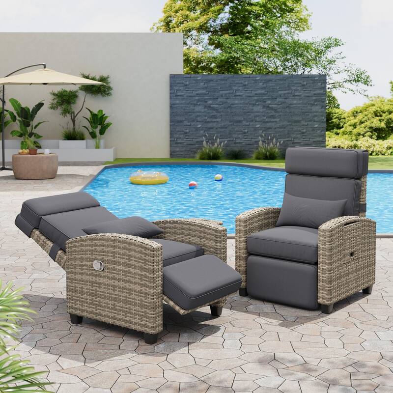 Outdoor Recliner Chair with Cushion/Side Table, Patio Reclining Chairs with Adjustable Back and Footrest