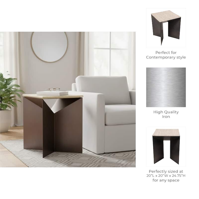 Metal Travertine EndTable Contemporary Sculptural Base - 25" Bronze - 24.75"