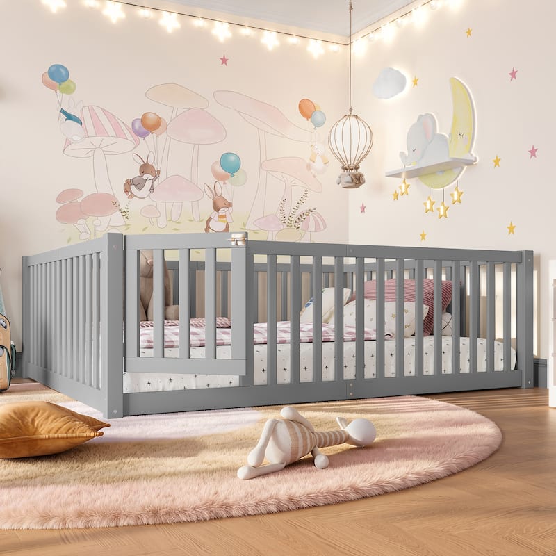 Montessori Floor Bed with Safety Guardrails & Door, Kids Low Profile Frame, Available in Queen/Full/Twin