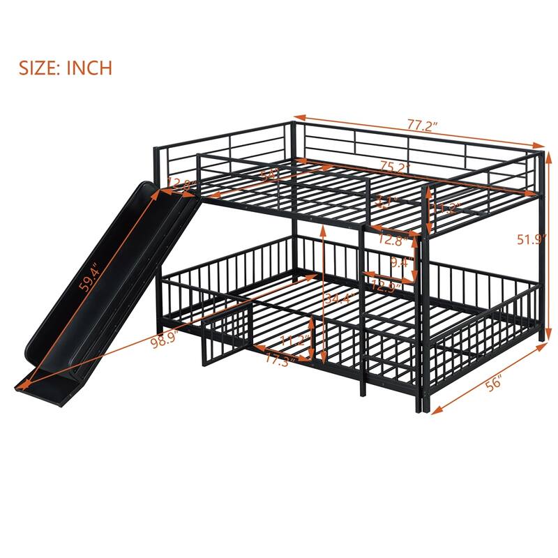 Full over Full Size Metal Bunk Bed with Slide and Guardrails