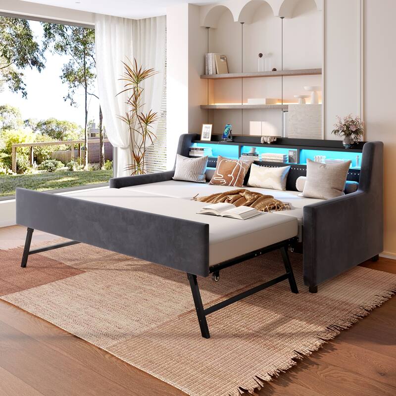 Twin Size Daybed with Trundle, Upholstery Daybed with LED Light ＆ Charging Station, Velvet Day Bed with Wood and Metal Frame