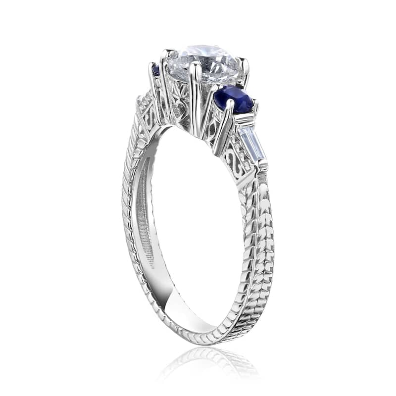 Kobelli 1.63 Carats Natural Diamond & Blue Sapphire Solid Gold 3-Stone Engagement Twill Ring