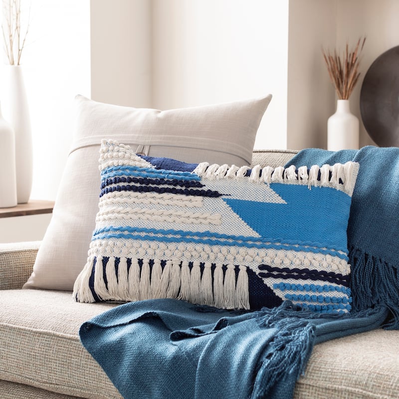 Sidra Textured Blue & Cream Lumbar Pillow - Feather Down