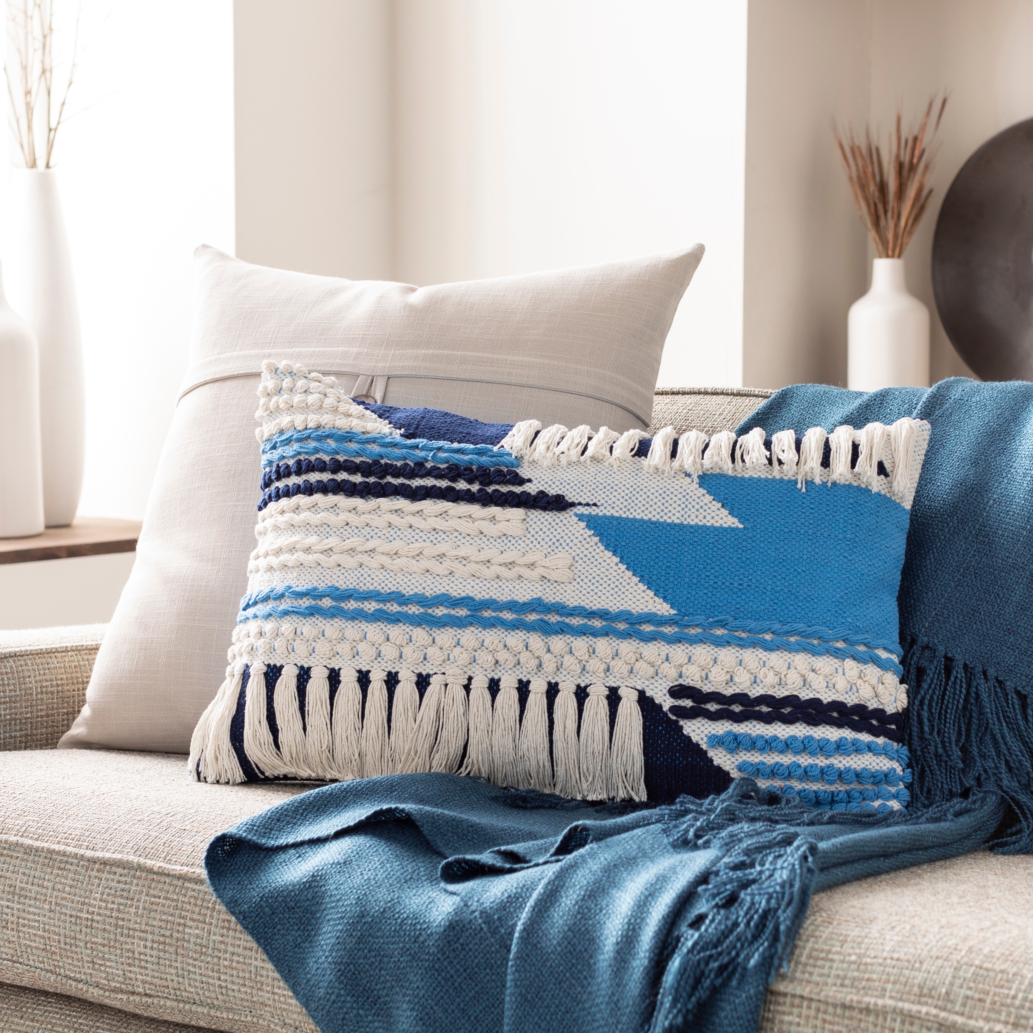 Sidra Textured Blue & Cream Lumbar Pillow
