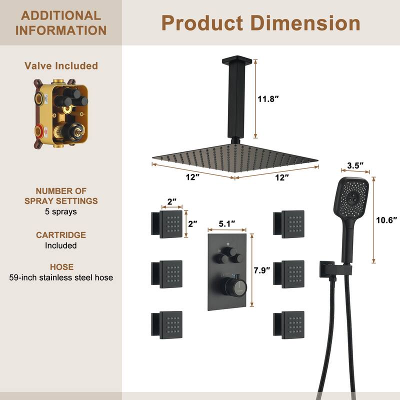 Celling Mount 12 Inch Rainfall Shower Head 3 Function Thermostatic Shower System with 6 Body Jets