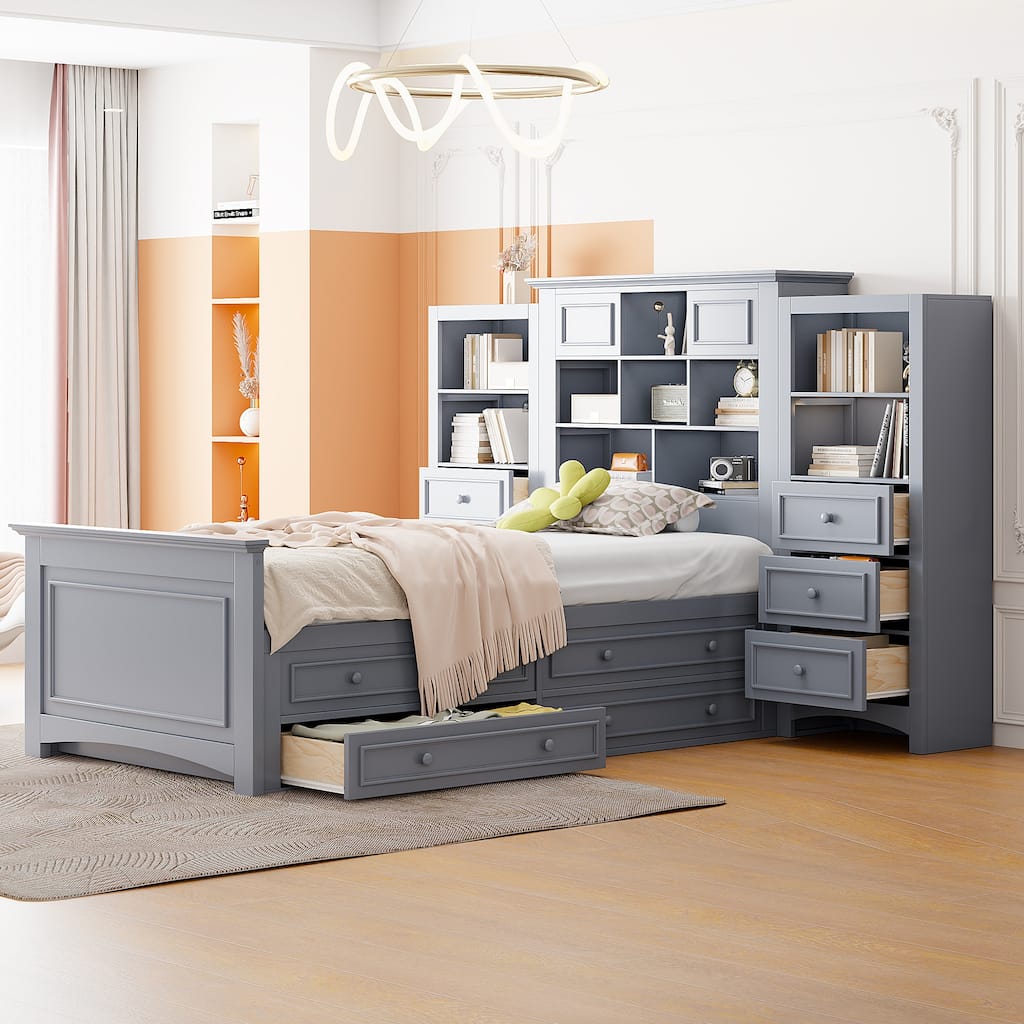 Twin Size Bed with 4 Drawers Each Side, Vertical Cabinet & Shelves