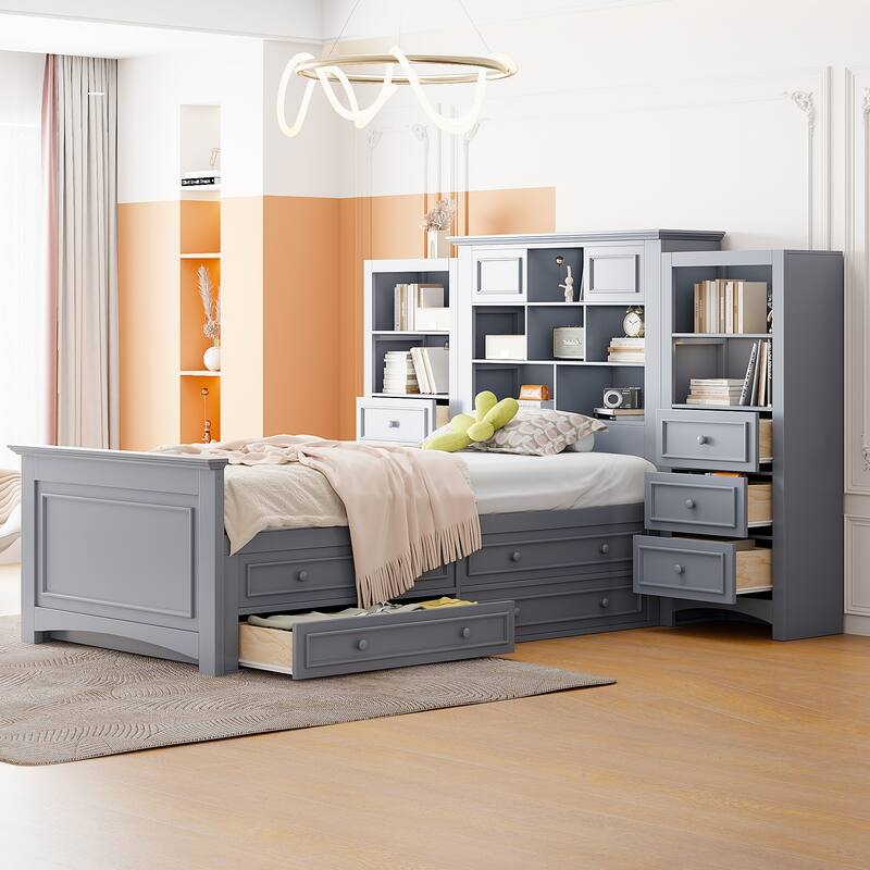 Twin Storage Bookcase Bed Frame Multifunctional Platform Bed Captain Bed with All-in-One Cabinet & 4 Drawers on Each Side - Grey - Twin