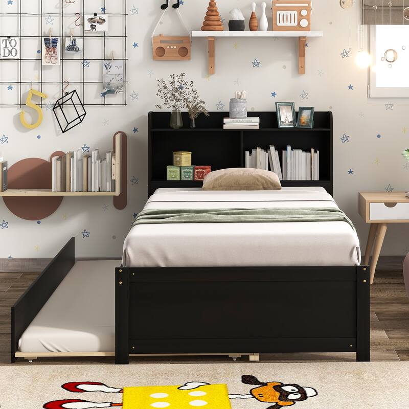 Full/Twin Storage Bed with Trundle and Bookcase Headboard, Pine Wood Bed Frame with Shelves, Space-Saving Design