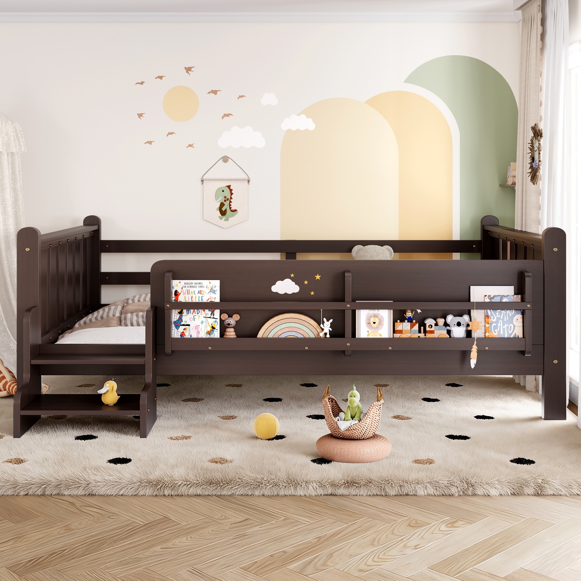 Roomfitters Wood Floor Bed, Storage Bookcase & 2-Step Safety Stairs, Kids Platform Bed with Guardrails