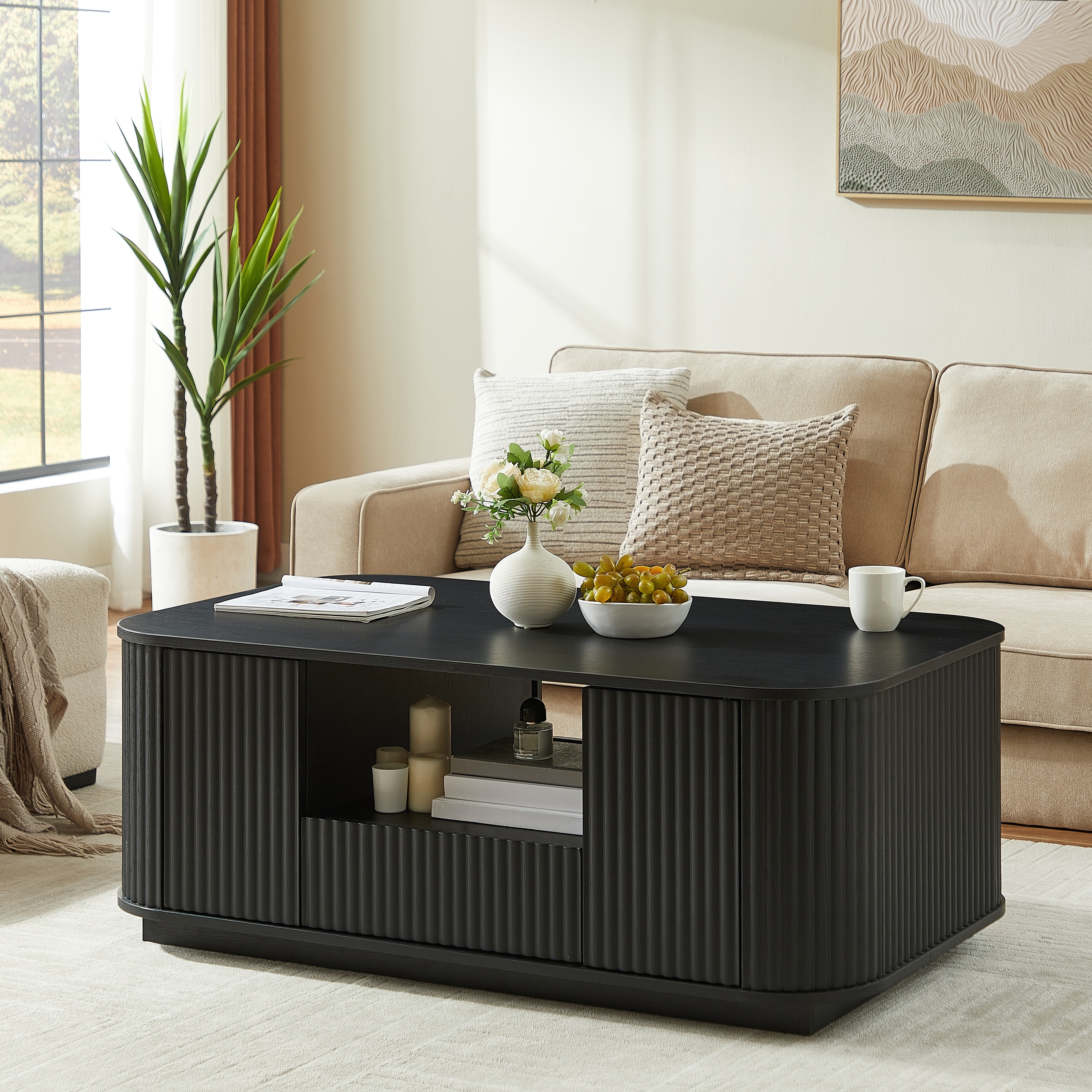 46.5 inch Modern Luxury Oval Coffee Table with Drawers Storage Curved Design Black Living Room Office