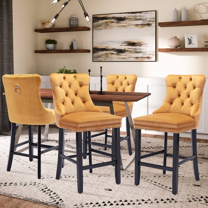 Contemporary Velvet Upholstered Counter Bar Stools Set of 4 - Yellow