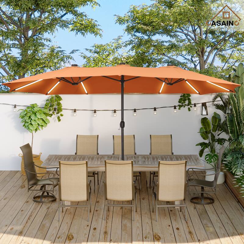 15 ft. Crank Double-sided Solar LED Ultra Lighted Outdoor Market Umbrella with Base Included