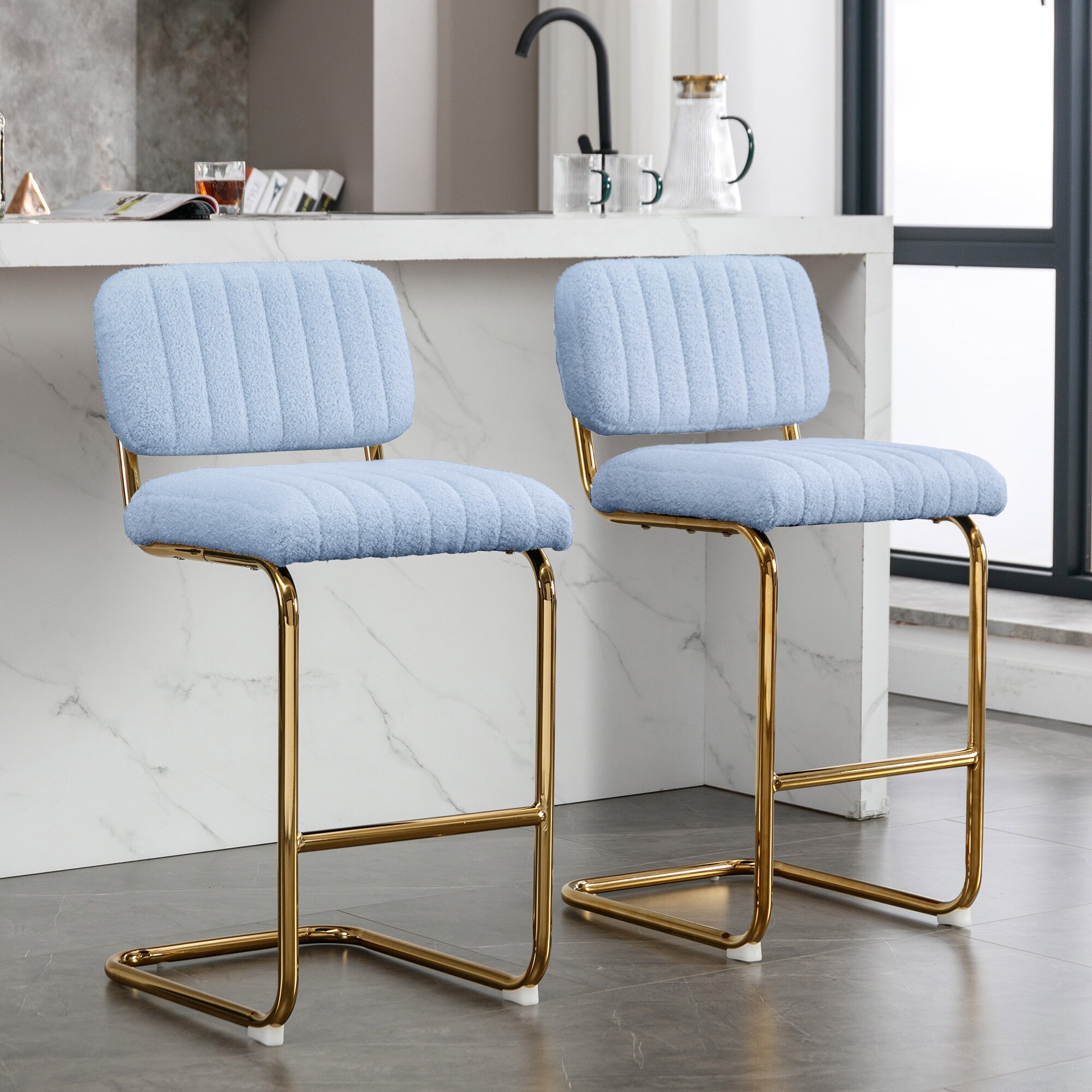 2 Armless Bar Chairs with Gold Metal Chrome Base Upholstered