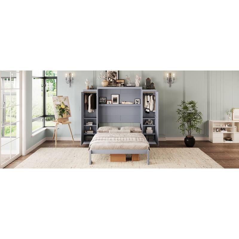 Space-Saving Full Size Murphy Bed with 2 Wardrobes & Storage Shelf, Foldable Platform Bedframe for Guest Rooms