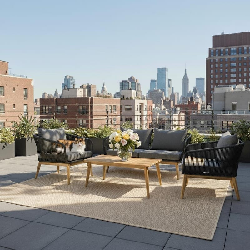 M4H Mieres 4-Piece Acacia Wood Outdoor Rope Conversation Set - Black