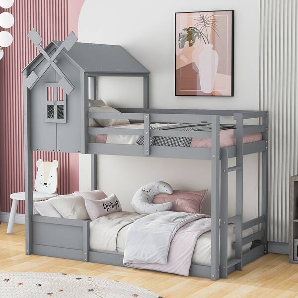 slide 2 of 9, Grey Twin over Twin Bunk Bed with Roof and Window, with Guardrails and Ladder Grey