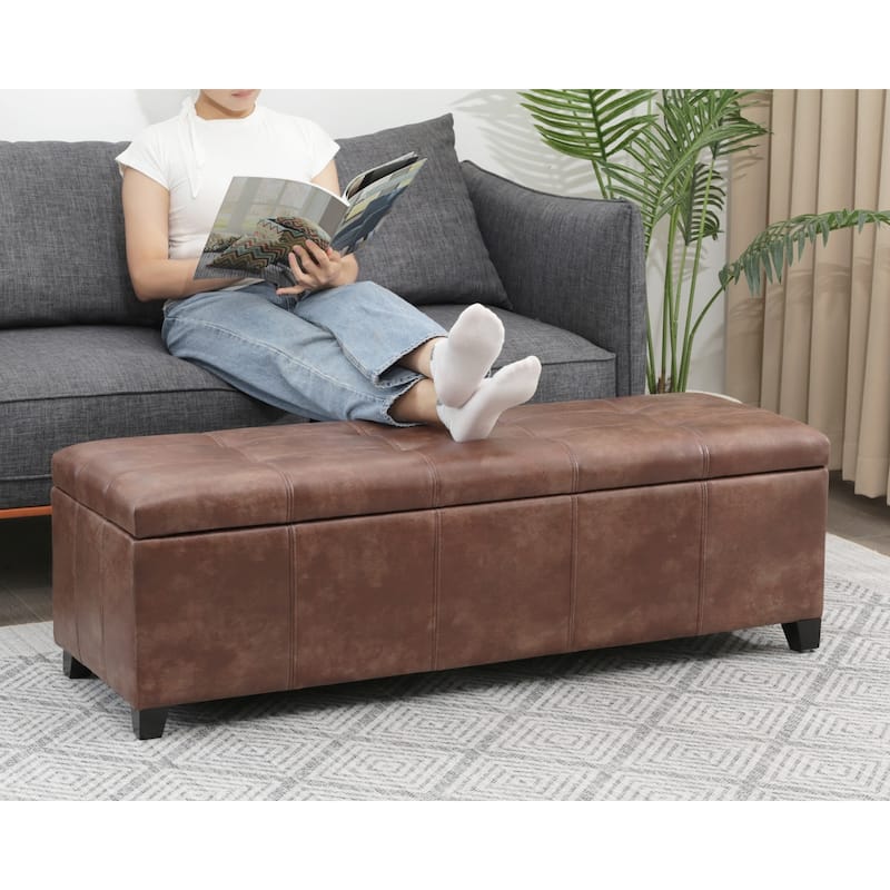 Adeco 48" Faux Leather Storage Ottoman Bench with Double-Stitch - 48.4"x14.96"x15.35"