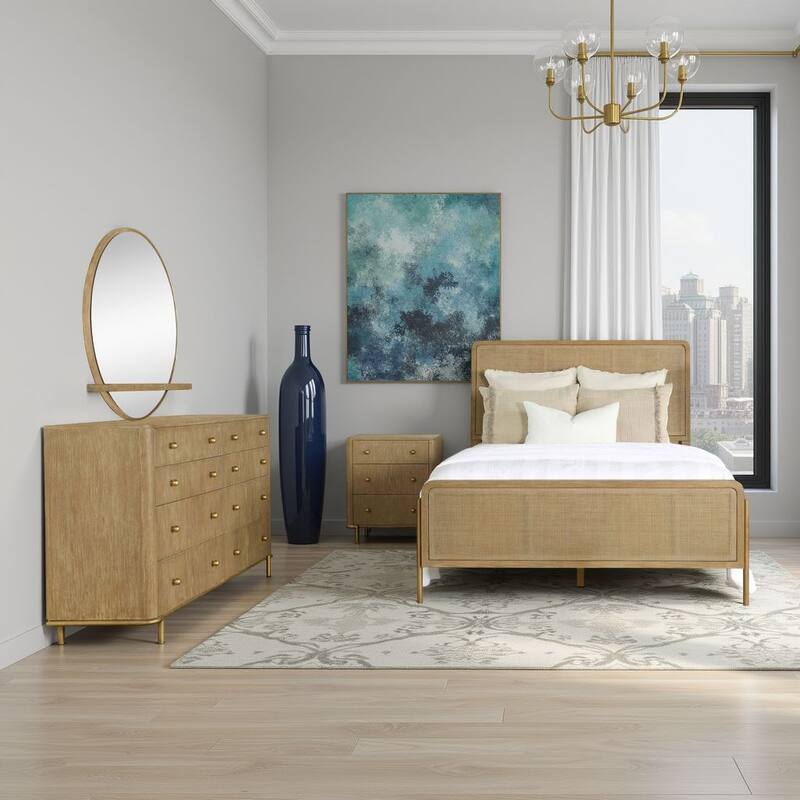 Fij 4pc Queen Bedroom Set w Round Dresser Mirror, Sand Brown, Rattan