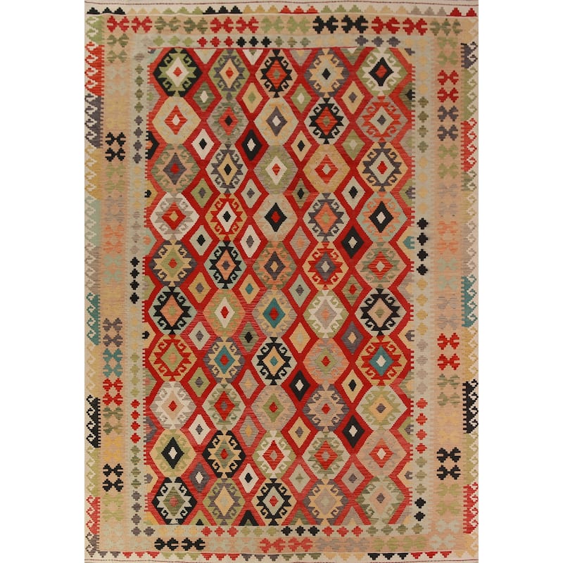 Geometric Kilim Oriental Area Rug Hand-Woven Tribal Wool Carpet - 8'0"x 11'3"