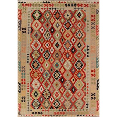 Geometric Kilim Oriental Area Rug Hand-Woven Tribal Wool Carpet - 8'0"x 11'3"