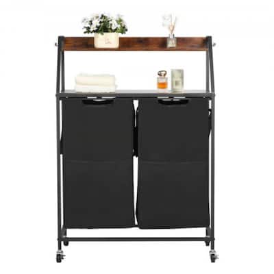 Black Laundry Hamper Sorter on Wheels and 2 Fabric Bags and Wooden Shelves for Home Storage - 27.56 x 12.99 x 41.14 in