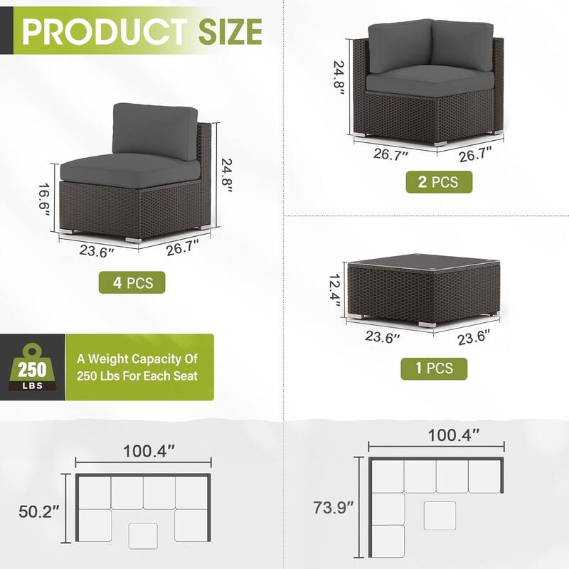 7 Piece Outdoor Patio Furniture Set Grey/Black Wicker Conversation Sectional Sofa Set with Coffee Table and Cushions