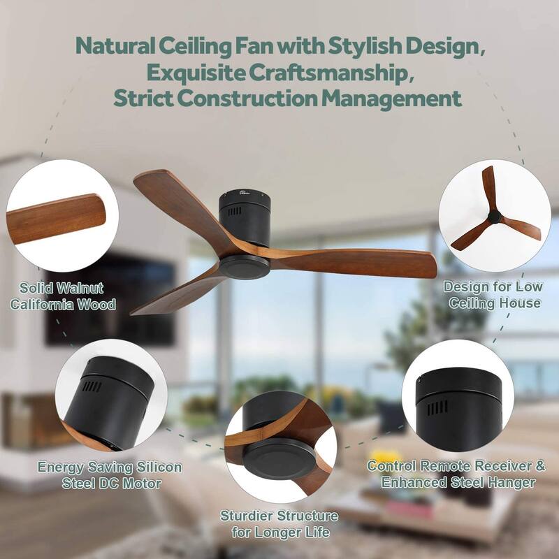 52" Flush Mount Ceiling Fan without Light,Reversible DC Motor,Wood Blades,Black and Walnut - 52 inch diameter