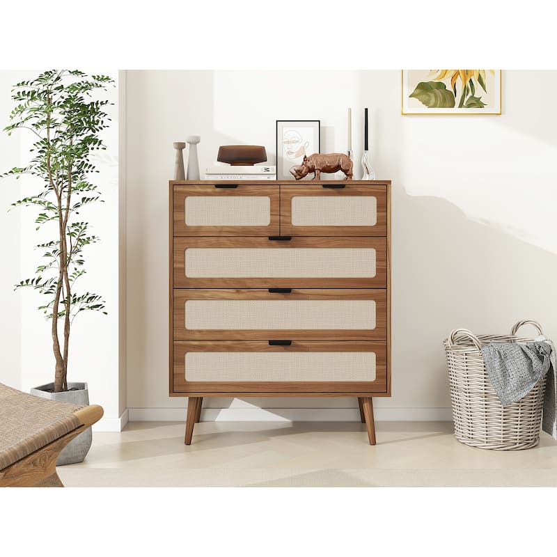 Natural Rattan 5 Drawer Cabinet, Accent Storage Cabinet