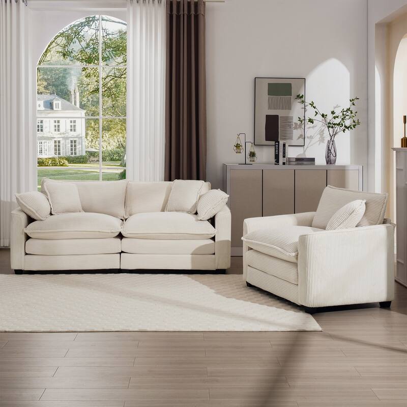 2+1 Seat Flexible Combinations Sofa Set with Throw Pillows, Corduroy Fabric Sofa with Removable Armrests - Beige