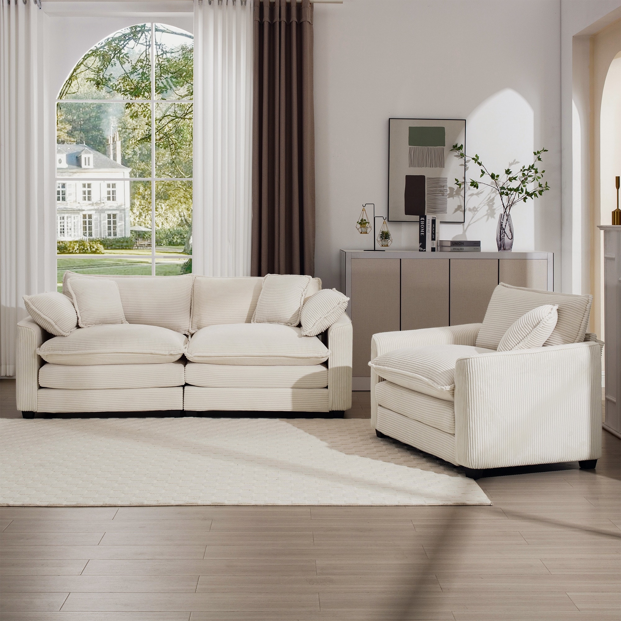 2+2 Seat Corduroy Fabric Flexible Combinations Sofas Set with Removable Armrests and Throw Pillows