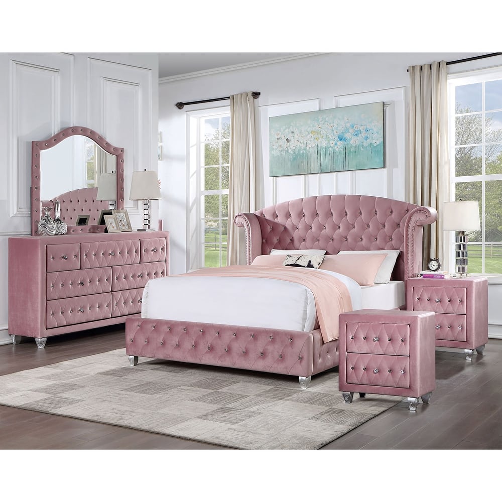 Vyvi Glam Pink Fabric 5-Piece Upholstered Panel Bedroom Set by Furniture of America
