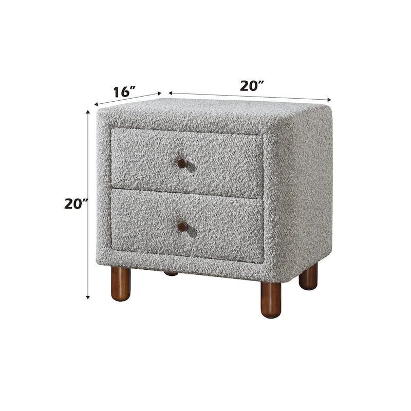 Contemporary Wooden Nightstand with Metal Drawer and Boucle Fabric