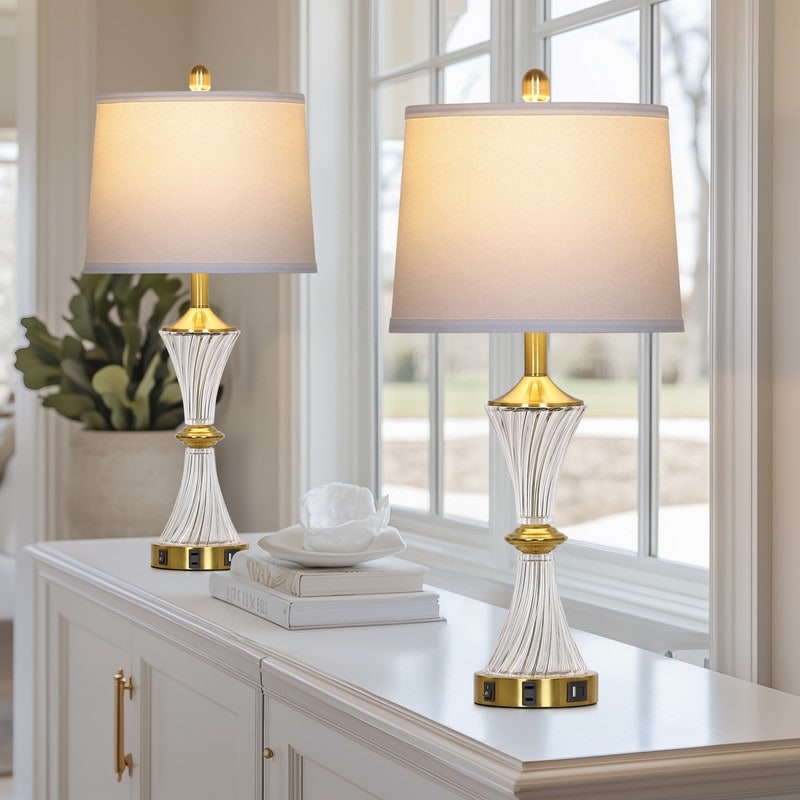 Set of 2 Industrial Table Lamps with Dual Lighting & USB/USB-C Ports, 27.5-Inch, Speckled Gold Finish - 12'' x 12'' x 25.5''
