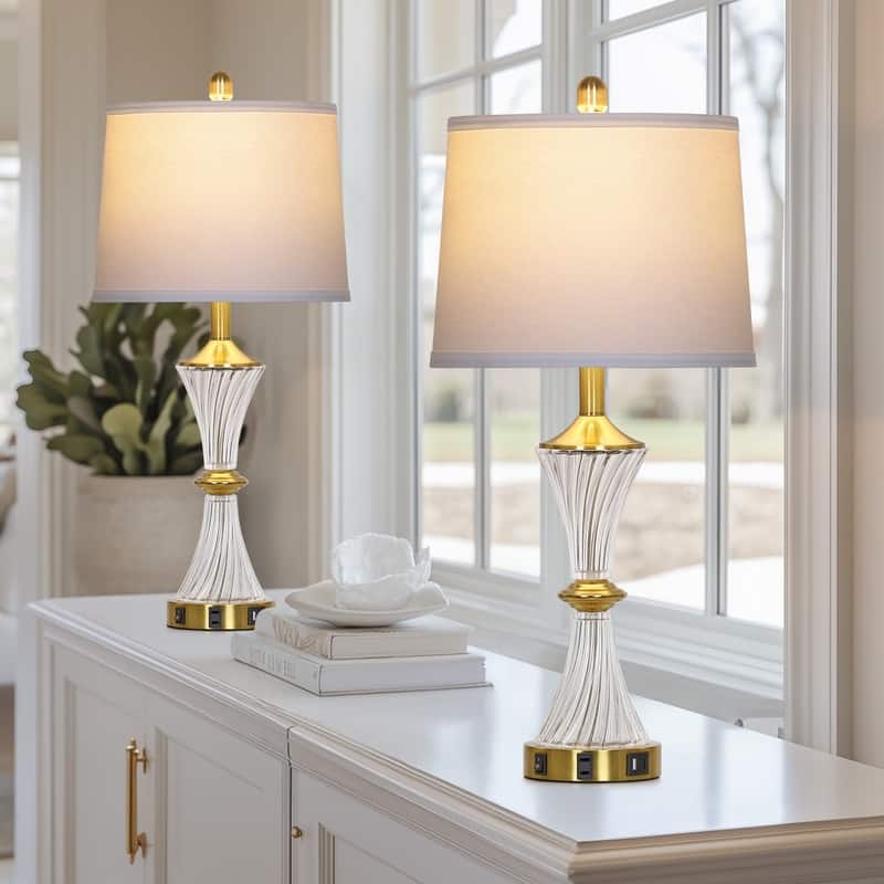 25.5" Gold Brass-Accent Table Lamp with USB-C Charging, Glass Lamp Fixture(Set of 2) - 12'' x 12'' x 25.5''
