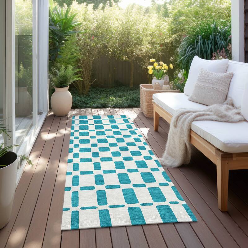 Machine Washable Indoor/ Outdoor Chantille Geo Contemporary Rug - Teal - 2'3" x 7'6"
