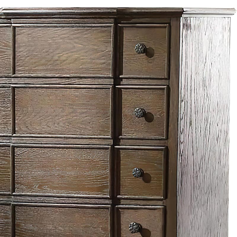 Five Drawer Chest With Round Knobs Side Metal Glide In Weathered Oak Finish