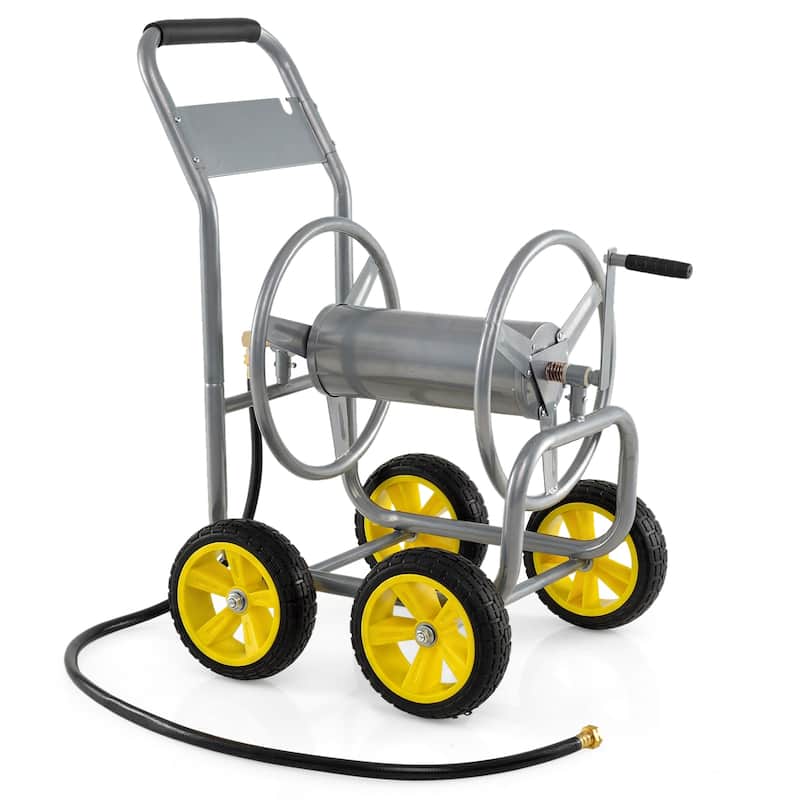 Gymax Garden Hose Reel Cart 4 Wheels 330 ft 5/8'' Large Capacity for - Silver