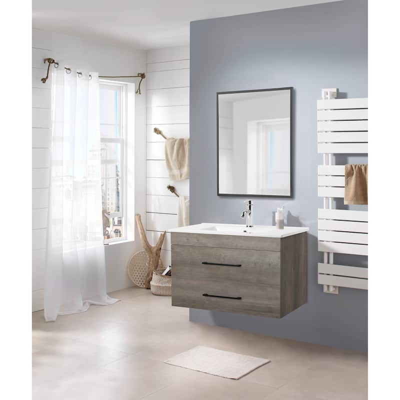 32" Grey Wall-Mounted Bathroom Vanity with Double Drawers,White Sink - Grey