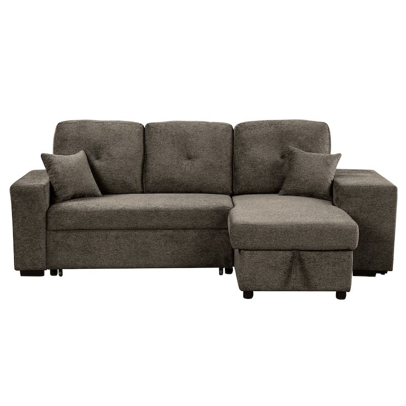 Reversible Pull-Out Sofa Bed with Side Shelf, 2 Stools and Storage Chaise