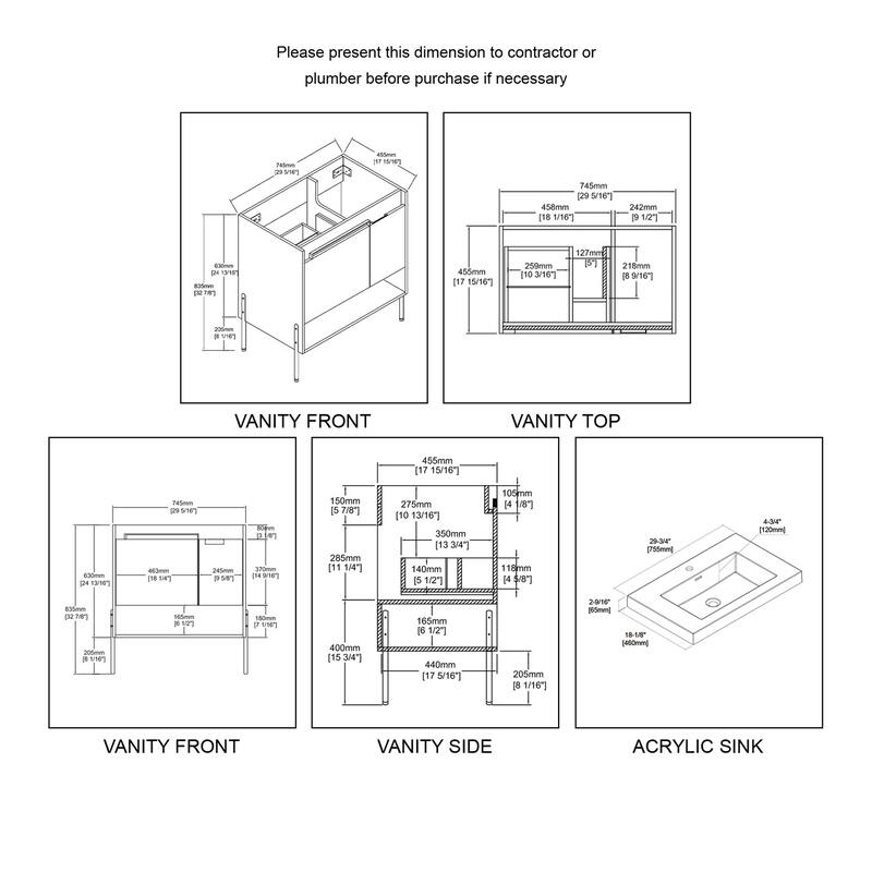 Blossom Turin 30 Inch Freestanding Bathroom Vanity with Acrylic Sink