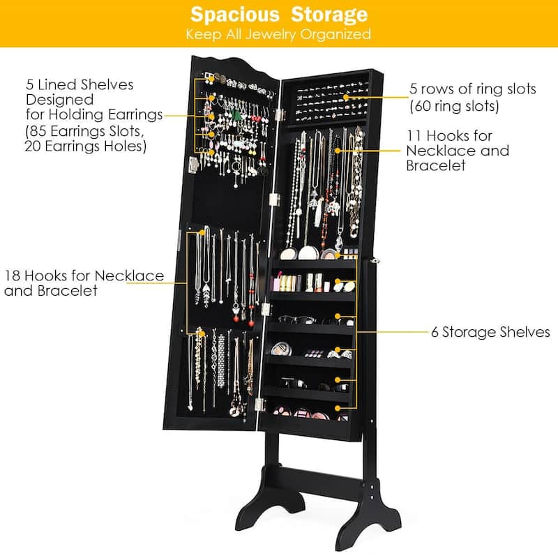 Black Lockable Jewelry Storage Cabinet Armoire with Full Length Mirror and 4 Angle Tilting Positions