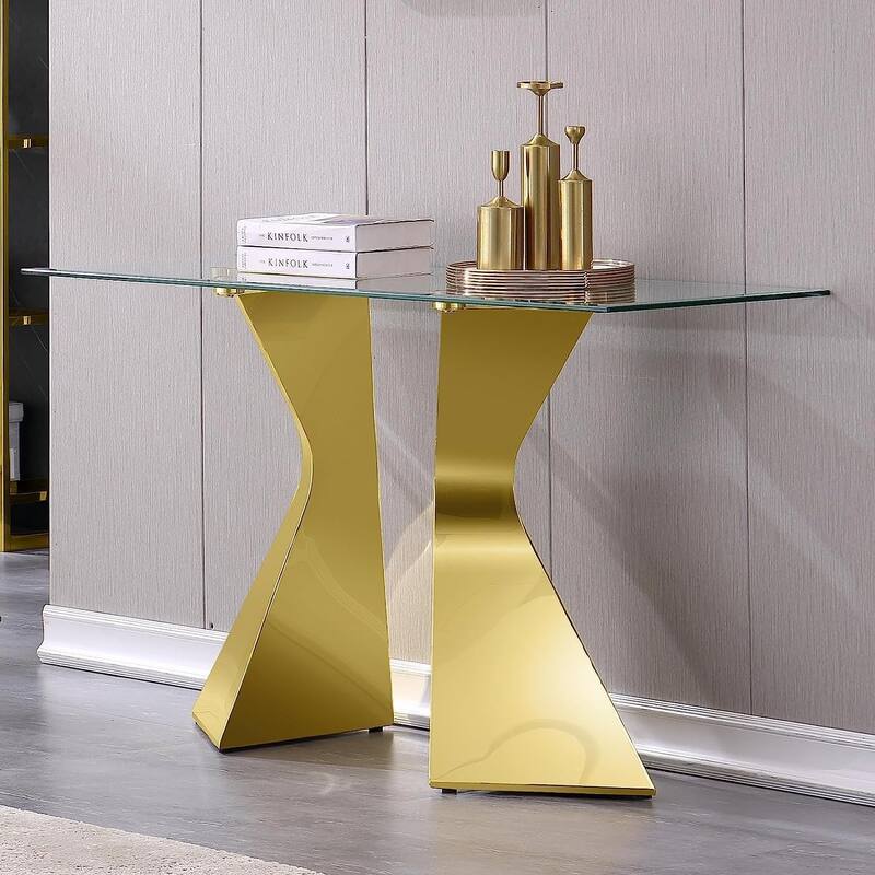 Luxury 51 inch Console Table Rectangular Sofa Entryway Console Table with Rectangle Tempered Glass Top and Metal Legs - Gold