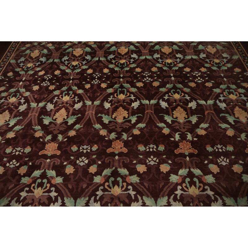 Hand Knotted Oriental 100% Wool Carpet Traditional Floral Brown Art Deco Area Rug - 11' 7'' X 9' 3''