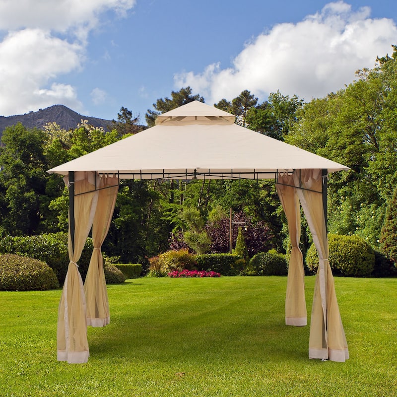 Outsunny 10'x10' Metal Outdoor Patio Gazebo Canopy Pavilion Grill Gazebo with Mesh Netting, and Double-Tier Roof - Beige