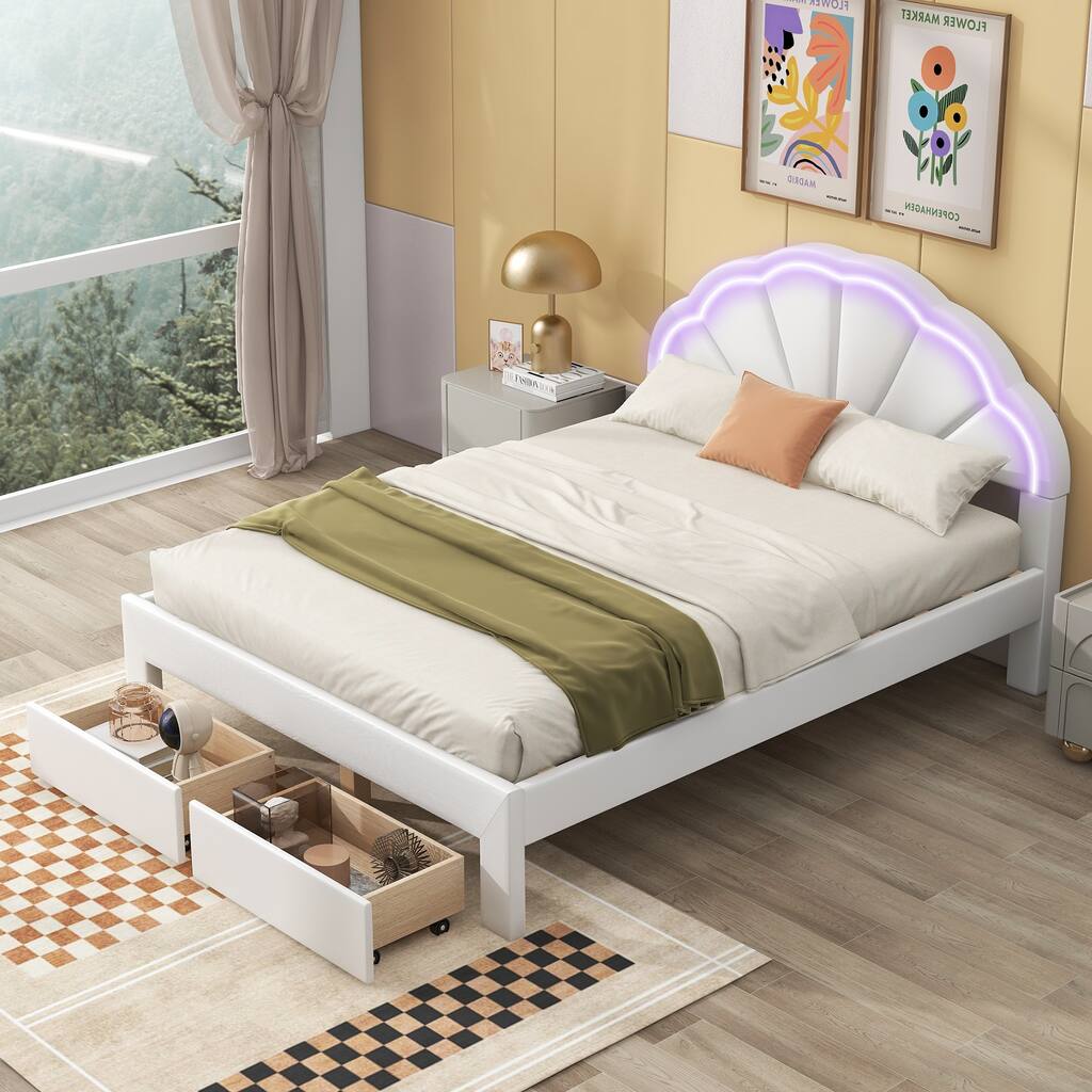 Queen Size Seashell Shaped Headboard Platform Bed with LED and Drawer