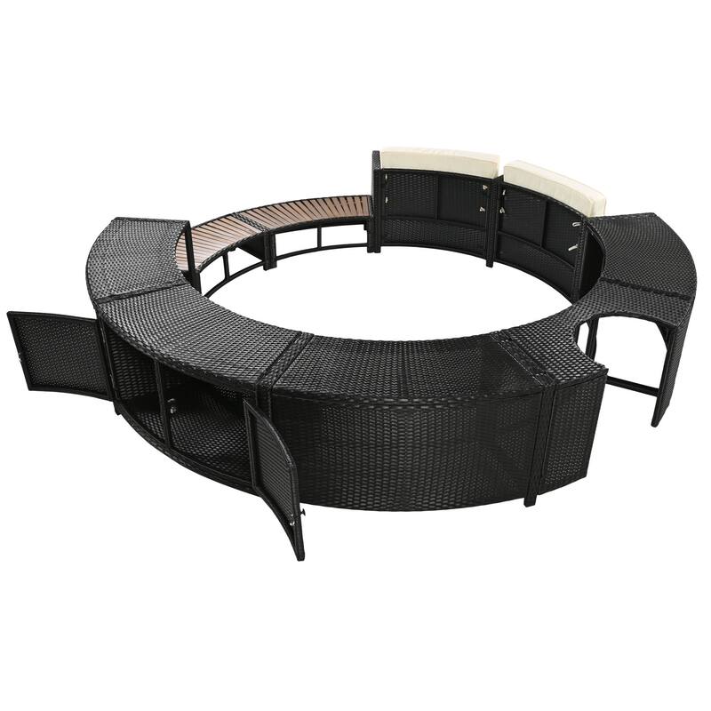 Outdoor Patio Rattan Spa Surround Frame Sofa Set with Storage Spaces, Bench and Cushions
